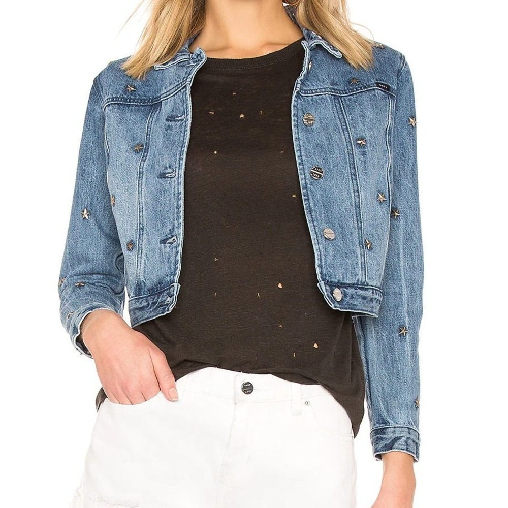 Obey Denim Jacket Star Studded Light Wash Blue Cropped Jean‎ Jacket XXS